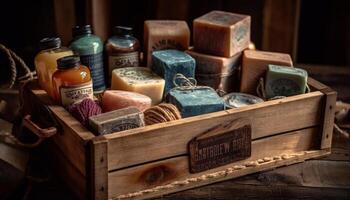 antiek houten doos houdt eigengemaakt aromatherapie verzameling gegenereerd door ai foto