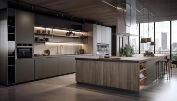 modern keuken ontwerp met roestvrij staal huishoudelijke apparaten gegenereerd door ai foto