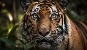 majestueus Bengalen tijger staren fel Bij camera gegenereerd door ai foto
