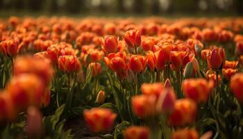 rijen van levendig tulpen bloesem in landelijk weide gegenereerd door ai foto