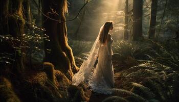 schoonheid in natuur brengt mysterieus Woud bruid gegenereerd door ai foto