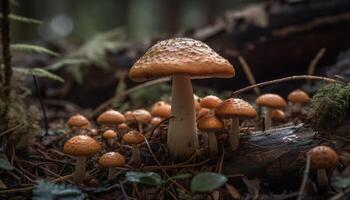 biologisch paddestoel groei gevlekte in herfst Woud gegenereerd door ai foto