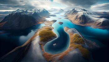 majestueus berg reeks voldoet aan reflecterende blauw water gegenereerd door ai foto