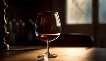 luxe wijn fles Aan elegant donker houten tafel gegenereerd door ai foto