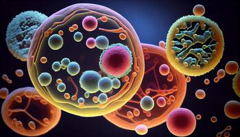 hoog schaal vergroting onthult multi gekleurde micro-organismen verdelen gegenereerd door ai foto