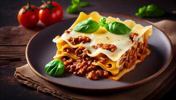 biologisch lasagne, pasta, vlees en groente schotel gegenereerd door ai foto