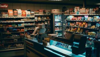 verscheidenheid van handelswaar Aan supermarkt op te slaan schappen gegenereerd door ai foto