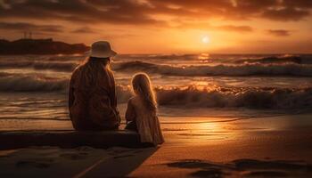 familie omarmen Aan strand Bij zonsondergang gegenereerd door ai foto