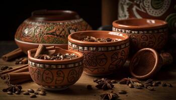 terracotta kom houdt eigengemaakt kruid voor Koken gegenereerd door ai foto