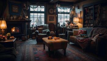 comfortabel sofa Aan rustiek gevormde tapijt verlichte met lamp gegenereerd door ai foto