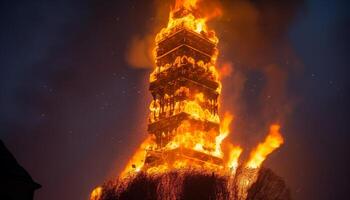 gloeiend standbeeld verlicht oude kathedraal in de nacht gegenereerd door ai foto