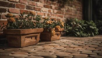 oud steen muur accenten rustiek bloem pot gegenereerd door ai foto