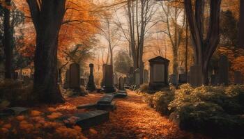 spookachtig grafsteen temidden van herfst Woud, surrealistische schoonheid gegenereerd door ai foto