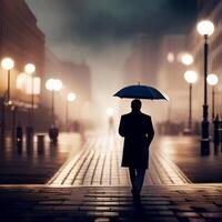 een Mens draag- een paraplu in de rustig straat, gemaakt met generatief ai technologie foto
