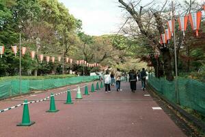 Tokio, Japan - april 8, 2023 mensen wandelen in ueno park gedurende lente in april foto