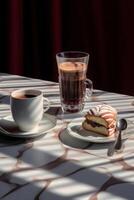 kop van koffie met melk en sommige biscuits Aan een tafel illustratie ai generatief foto