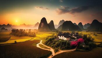 Guangxi rijstveld veld, dorp, de zon is schijnt, lente, landschap van rijst- velden, ai gegenereerd foto