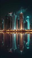 oogverblindend nacht panoramisch visie van qatar horizon reflecterend in de water. generatief ai technologie. foto