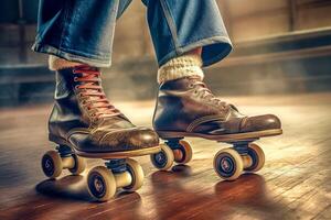 retro rol skates met leer schoenen, fotorealistisch, gemaakt met generatief ai foto