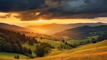 berg platteland landschap Bij zonsondergang. dramatisch lucht over- een ver weg vallei. groen velden en bomen Aan heuvel. mooi natuurlijk landschappen van de Karpaten generatief ai variatie 4 foto