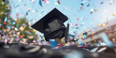 afstuderen pet met confetti achtergrond, diploma uitreiking dag concept. generatief ai foto