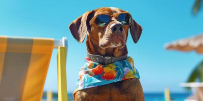 hond vervelend zomer overhemd met zonnebril Aan tropisch strand. generatief ai foto