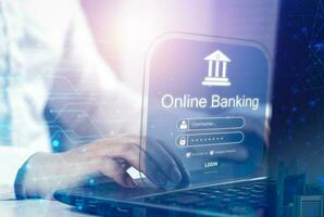 online bank netwerken. zakenman Log in naar financieel website Aan laptop. concept van online betaling met versleuteld veiligheid naar toegang transactie gegevens foto