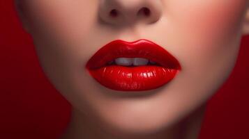 stralend roodachtig lippenstift Aan de meisjes lippen. ai gegenereerd foto