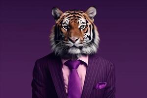 portret van een tijger in een bedrijf pak Aan een geïsoleerd achtergrond generatief ai foto