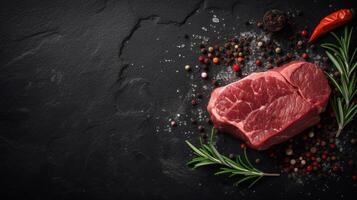 rauw rundvlees steak met specerijen en kruiden Aan zwart achtergrond, top visie generatief ai foto