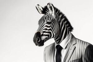 portret van een zebra in een pak Aan een wit achtergrond generatief ai foto