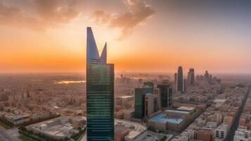 panoramisch stad schot van Riyadh tonen horizon oriëntatiepunten, kantoor en woon- gebouwen gedurende zonsondergang of zonsopkomst in zuiden Arabië. generatief ai technologie. foto