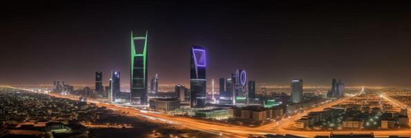 panoramisch nacht stad schot van Riyadh tonen horizon oriëntatiepunten, kantoor en woon- gebouwen in zuiden Arabië. generatief ai technologie. foto