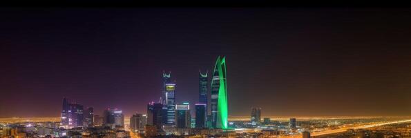 panoramisch nacht stad schot van Riyadh tonen horizon oriëntatiepunten, kantoor en woon- gebouwen in zuiden Arabië. generatief ai technologie. foto