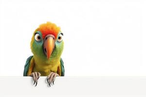 schattig geel papegaai geïsoleerd Aan wit achtergrond. 3d illustratie. generatief ai foto