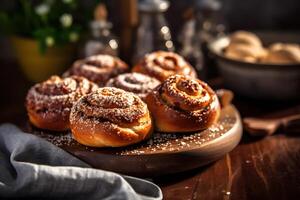 heerlijk kanelbullar met kaneel en suiker, Zweeds stijl, generatief ai foto