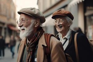 mooi senioren paar buitenshuis in de stad. glimlachen oud mensen. gelukkig pensioen. positief veroudering. gepensioneerden zijn vreugdevol elk ander, mooi zo humeur. koel senior. portret, dichtbij omhoog visie. generatief ai. foto