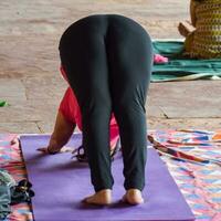 geïnspireerd Indisch jong vrouw aan het doen yoga asana's in lodhi tuin park, nieuw Delhi, Indië. jong inwoner oefenen buiten en staand in yoga kant hoek houding. geschiktheid buitenshuis en leven balans concept foto