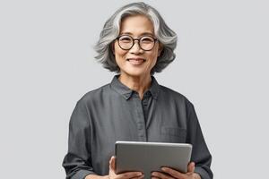 glimlachen Aziatisch hipster vrouw, bedrijf arbeider, Holding digitaal tablet over- wit achtergrond, uitstralend vertrouwen en professionaliteit. generatief ai foto