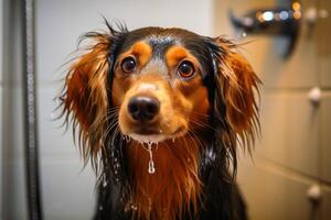 een hond in de douche gemaakt met generatief ai technologie. foto