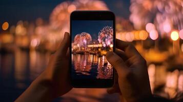 nemen de foto van vuurwerk via smartphone. ai gegenereerd