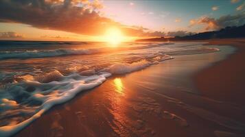 oranje en gouden zonsondergang lucht Aan de strand, oproepen tot een zonnig zomer vakantie stemming, perfect voor een reizen vakantie banier, ai generatief foto