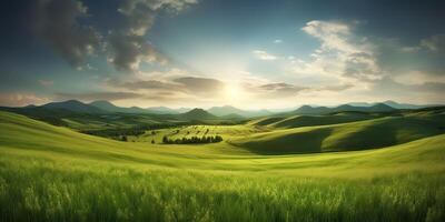 ai gegenereerd. ai generatief. foto realistisch illustratie van groen veld- gras heuvels landschap. grafisch kunst