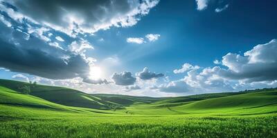 ai gegenereerd. ai generatief. foto realistisch illustratie van groen veld- gras heuvels landschap. grafisch kunst