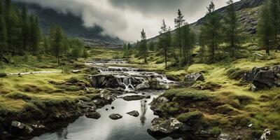 ai gegenereerd. ai generatief. foto illustratie van wild natuur buitenshuis berg waterval landschap Aan regen groen dag. grafisch kunst