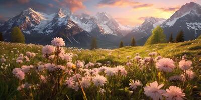 ai gegenereerd. ai generatief. Zwitsers Alpen pecae kalmte landschap avontuur uitstraling. grafisch kunst foto