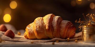 ai gegenereerd. ai generatief. vers gebakken gouden smakelijk traditioneel croissant. grafisch kunst foto