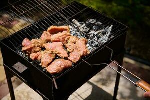 overhead visie gemarineerd steak grillen Aan de rooster over- kolen Aan barbecue rooster buitenshuis. voedsel voorbereidende werkzaamheden foto