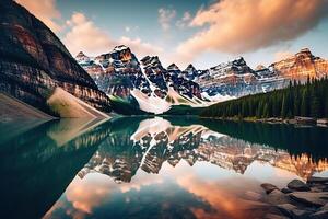 verbazingwekkend nog steeds reflecties Bij meer omringd door bergen gemaakt met generatief ai foto
