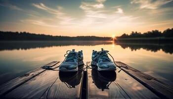 het zeilen Bij schemer rustig water, verbijsterend zonsondergang gegenereerd door ai foto